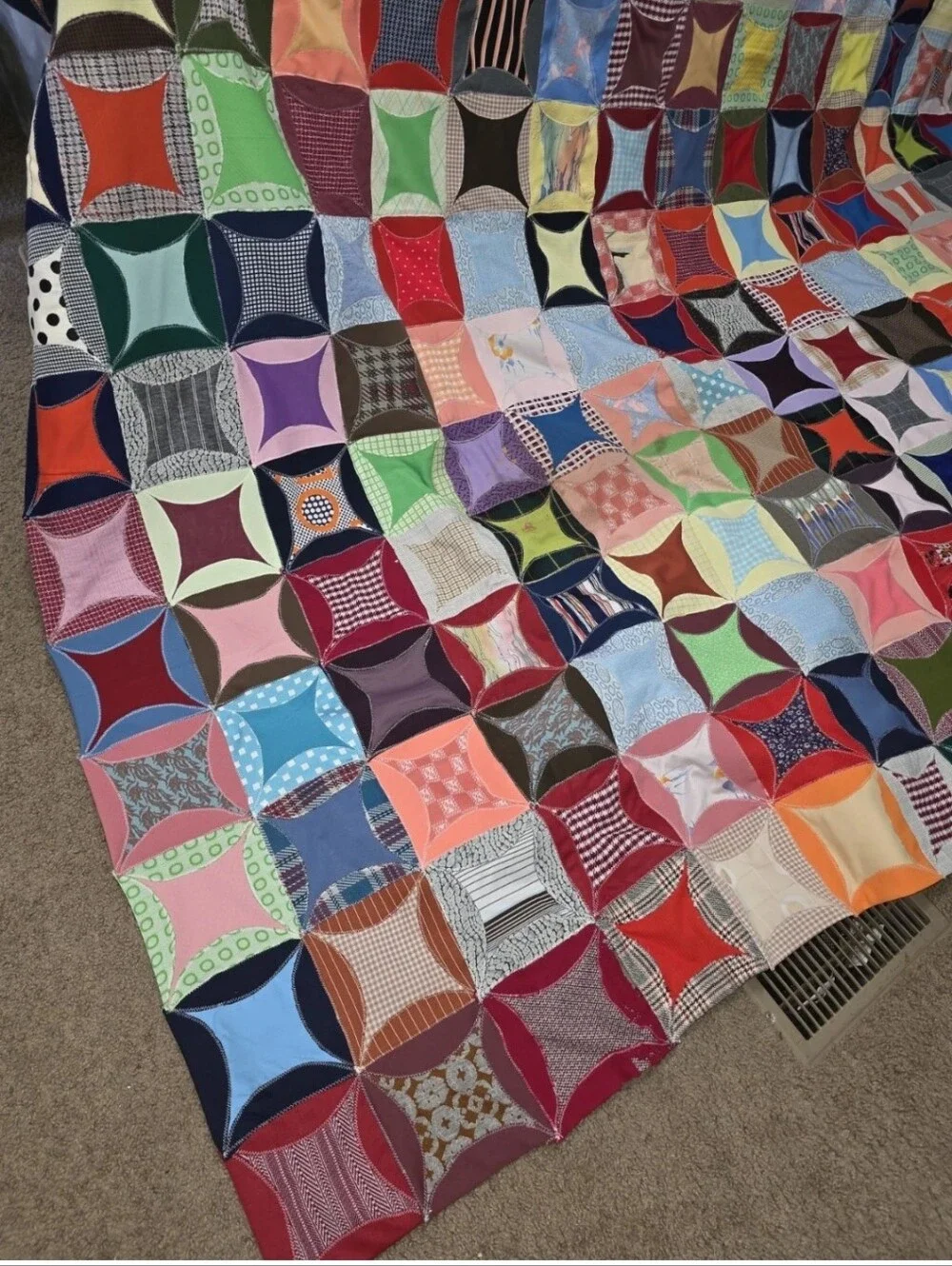 Vintage Handmade Cathedral Windows Reversible Patchwork Quilt
